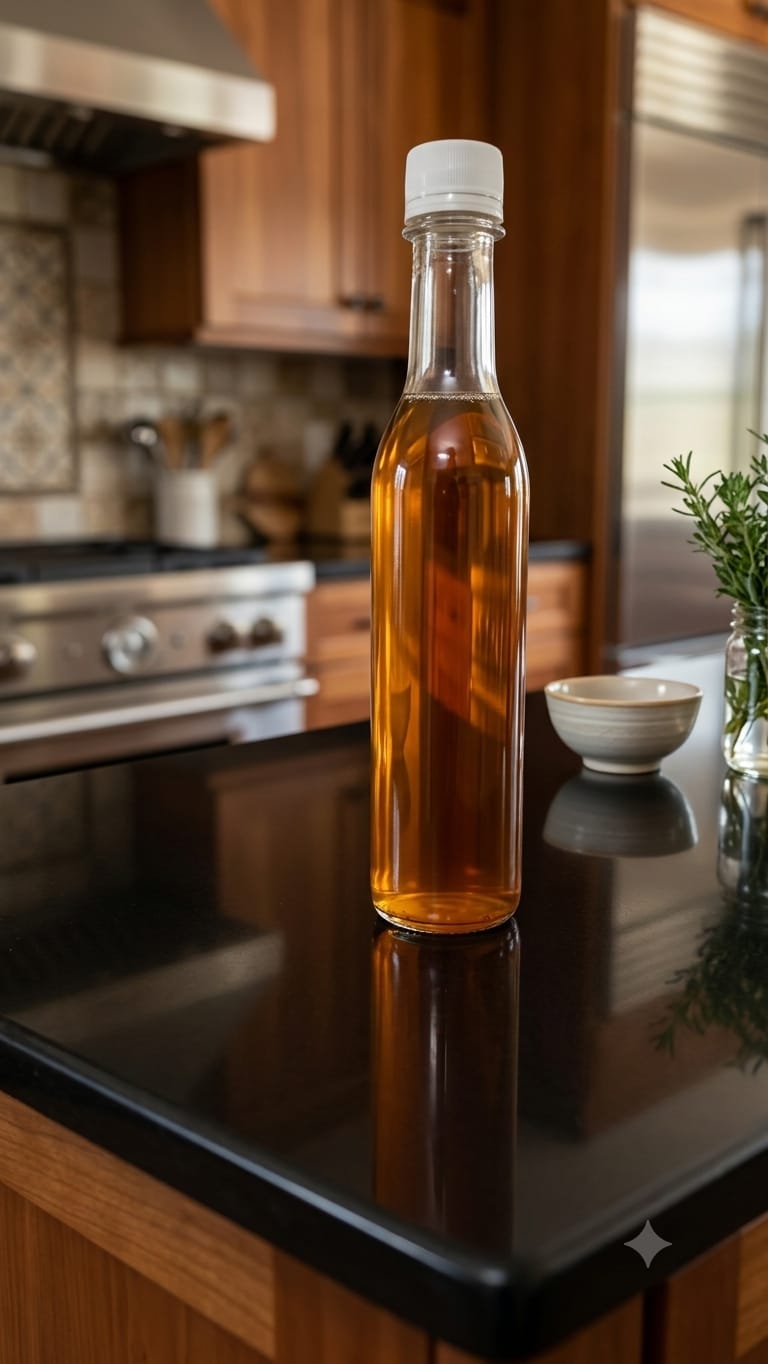 Bottled honey on a kitchen counter