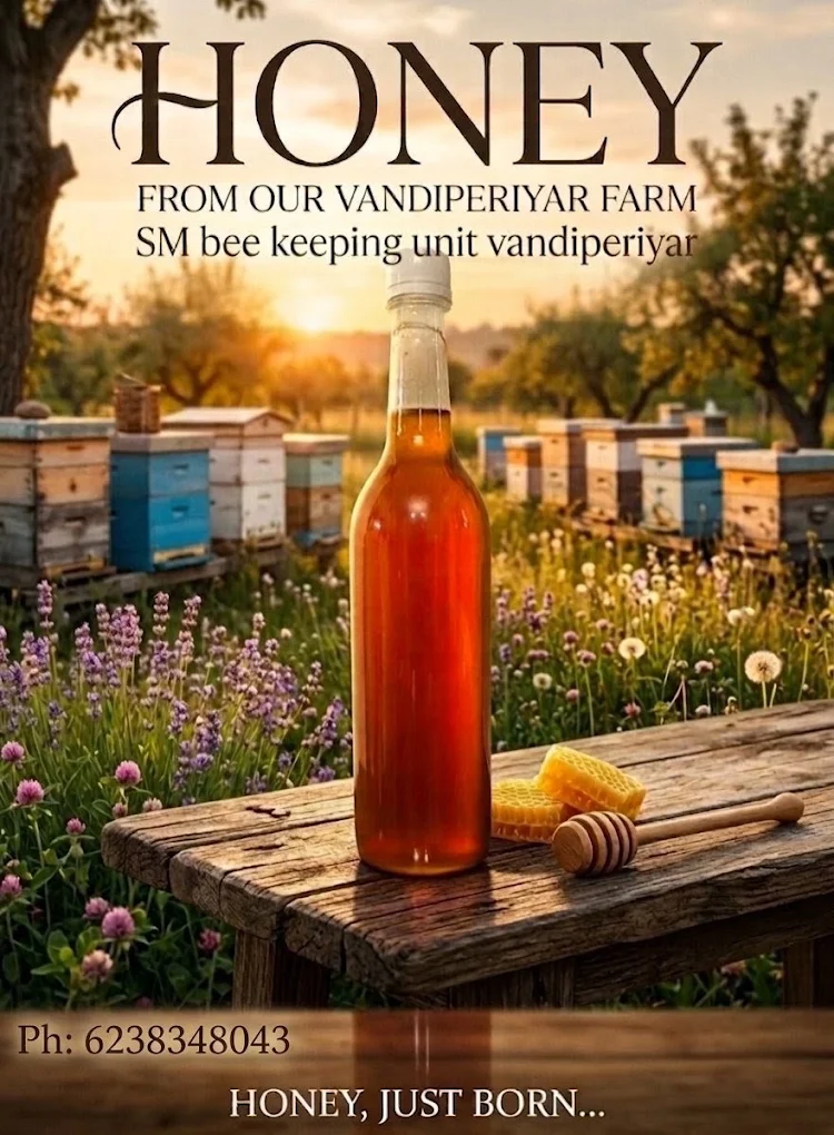 SM Bee Keeping Unit honey bottle among hives at sunrise