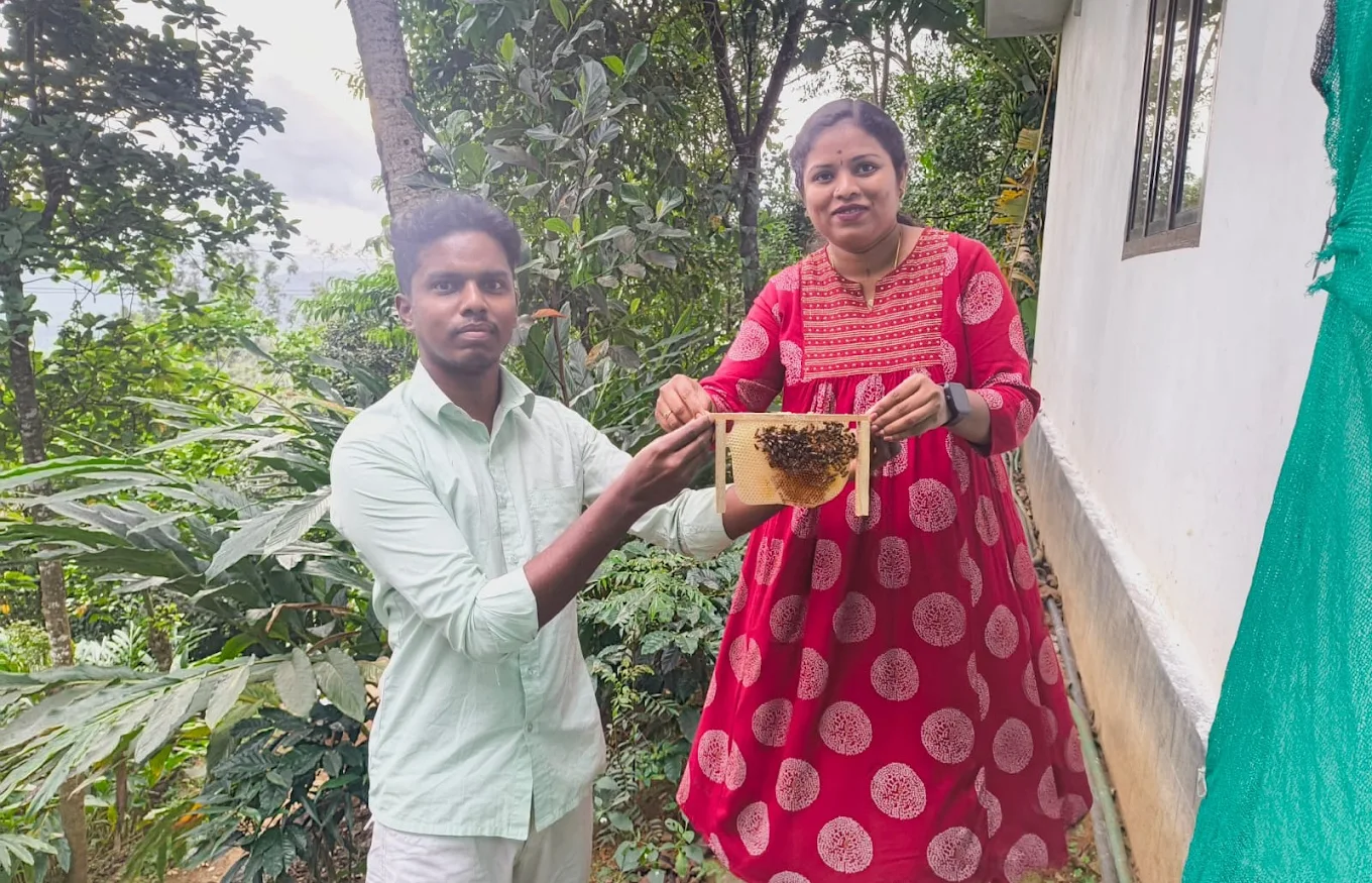 Beekeepers holding a frame full of bees at SM Bee Keeping Unit